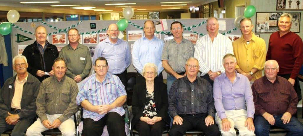 FINE MEMORIES: Reflecting on old times at their 1967 team reunion are (back row) Wayne Heit, Roger Mills, Dr Thomas McEniery, Paul McNamara, Bruce Archer, Peter Jackson, Michael Fogarty, Ian Whiston; sitting: Brian “Jumbo” Sheraton, Lenny Chemello, coach Des Taege, Heather Duce, team manager Garry Cuthbert, Gary “Horse’’ Hallett and Ashley Kitching. Peter McAndrew, Paul Campbell, John Plant, Leigh Cole and Phillip Brownlow were also members of the team who were unable to attend. FINE MEMORIES: Reflecting on old times at their 1967 team reunion are (back row) Wayne Heit, Roger Mills, Dr Thomas McEniery, Paul McNamara, Bruce Archer, Peter Jackson, Michael Fogarty, Ian Whiston; sitting: Brian “Jumbo” Sheraton, Lenny Chemello, coach Des Taege, Heather Duce, team manager Garry Cuthbert, Gary “Horse’’ Hallett and Ashley Kitching. Peter McAndrew, Paul Campbell, John Plant, Leigh Cole and Phillip Brownlow were also members of the team who were unable to attend.